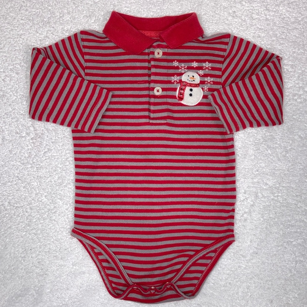 Kitestrings by hartstrings red grey striped snowman long sleeve polo 12m